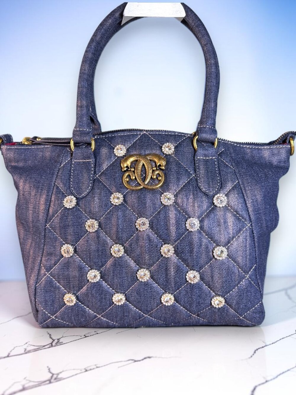 Sharif 1827 Legacy Rare Quilted Denim Rhinestone Satchel Crossbody Bag - Picture 2 of 14